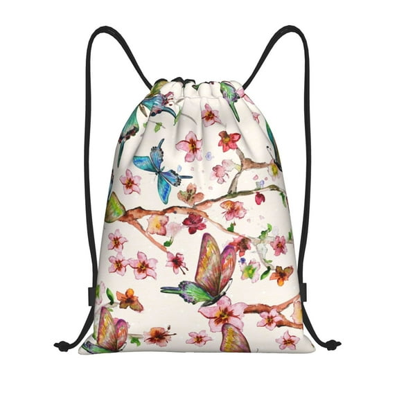 Honeii Watercolor Floral With Butterflies Print Drawstring Backpack,Drawstring Bags String Backpack Gym Cinch Sack Backpack Sport Bag Draw-Medium