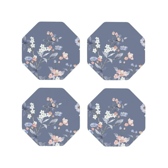 Honeii Watercolor Flowers Butterfly print Leather Coaster Set of 4, ideal for safeguarding your furniture from drinks spills and effortless cleanup-Octagon