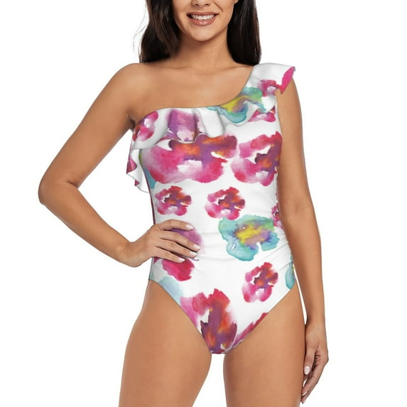 Honeii Watercolor Flowers for women's one-piece swimsuit featuring a chic one-shoulder design experience elegance and style in the water-XX-Large