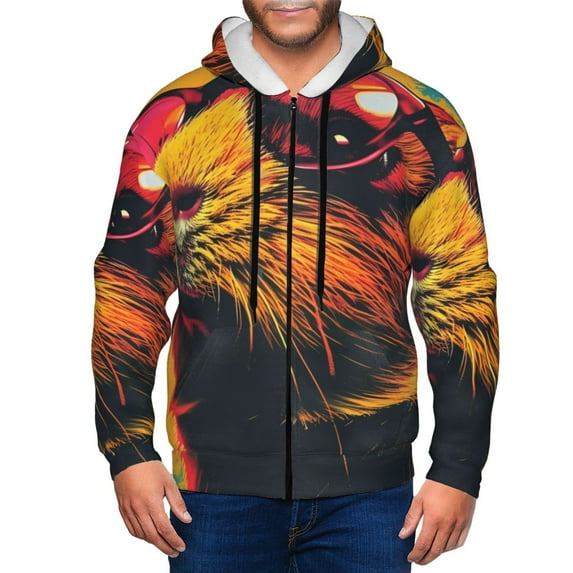 Honeii Watercolor Glasses Guinea Pig Print Hoodies for Men, Pullover & Full Zip, Breathable Zip up Hoodie, Sweatshirt-Medium
