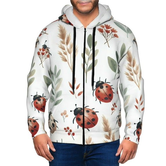 Honeii Watercolor Ladybug Print Hoodies for Men, Pullover & Full Zip, Breathable Zip up Hoodie, Sweatshirt-Large