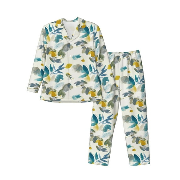 Honeii Watercolor Leaves Pattern Mens Pajamas Set,2pcs Men's Lounge Long Sleeve Sleep Shirt and Pajama Bottoms Sleepwear Set,Mens Pjs Sets-XX-Large