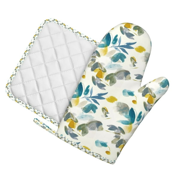 Honeii Watercolor Leaves patten Oven Mitts and Pot Holders Sets, Baker Oven Mitts, Mittens for Kitchen Decor, Baking Lover over Gloves Gifts