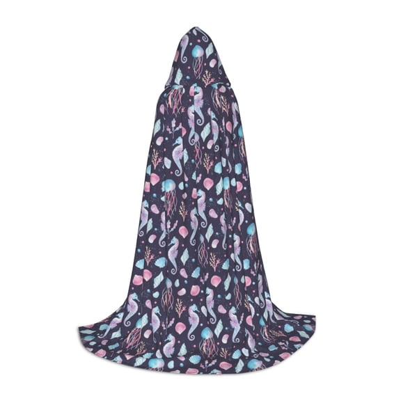 Honeii Watercolor Marine Animals Print Poncho Cape, Cloak Coat, Snuggly Hooded Wearable Blanket, Hooded Cape For Teenagers,Halloween Costumes-Large