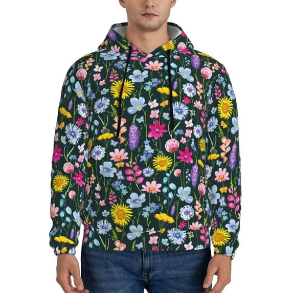 Honeii Watercolor Meadow Flowers Pattern Mens Hoodies Men's Loose Sleeve Sweatshirt,Pullover Hooded Sweatshirt for Men,Essentials Hoodie-4X-Large