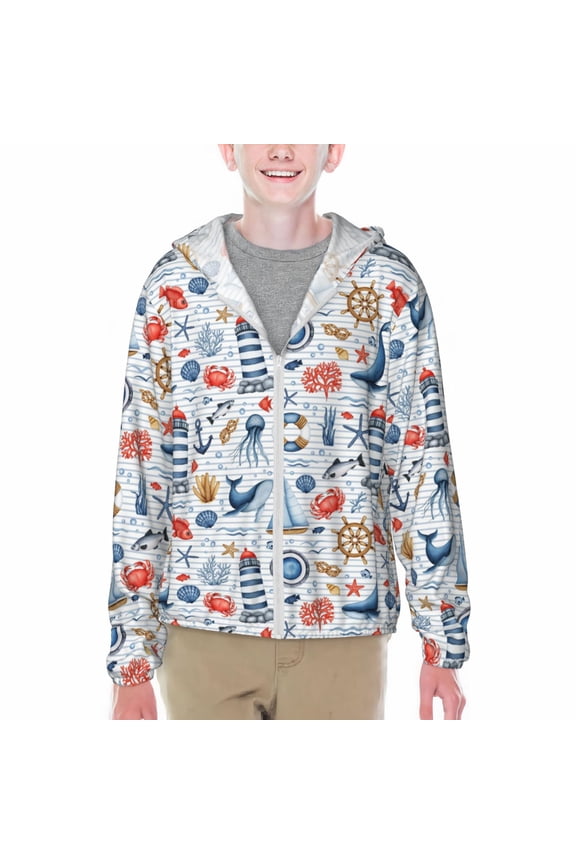 Watercolor Nautical Print Sun Protection Jacket Hooded Cooling Shirt with Pockets Hiking Outdoor Performance-Small
