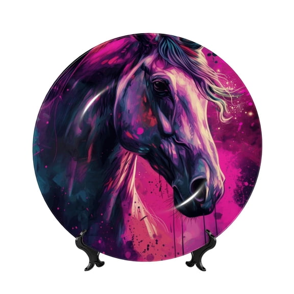 Honeii Watercolor Painting White Horse Print Elegant Bone China Decorative Plate, Porcelain Plate,Art Crafts,Ceramic Ornaments for Home Office Wall Decor-6in