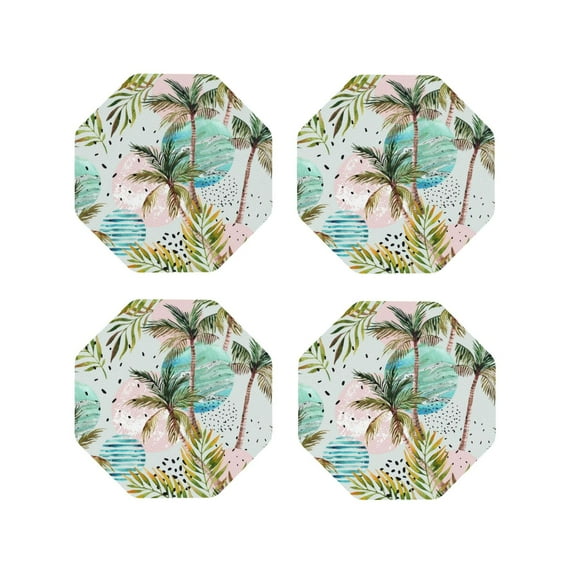 Honeii Watercolor Palm Tree print Leather Coaster Set of 4, ideal for safeguarding your furniture from drinks spills and effortless cleanup-Octagon