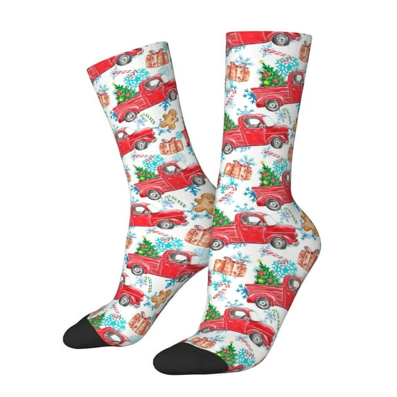 Honeii Watercolor Red Truck And Fir Tree Print Adult Socks,Crew Socks,Casual Calf Socks,Daily Wear Socks for Men & Women, Perfect for Sports, Casual and Everyday Use