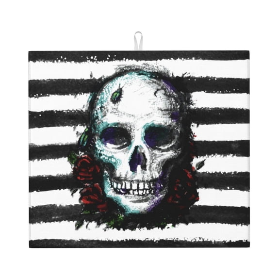 Honeii Watercolor Skull for Dish Drying Mat for Kitchen Counter, Non-slip Rubber Backed, Hide Stain Kitchen Super Absorbent Draining Mat, Dish Rack Pad