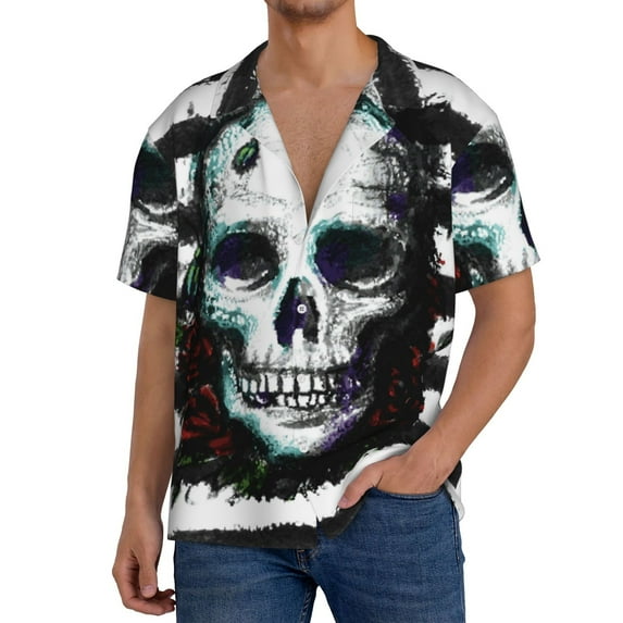 Honeii Watercolor Skull for Men's Short-Sleeved Button-Up Collared Shirt Featuring A Pocket, Perfect for Beach Vacations, And Travel Adventures.-Small