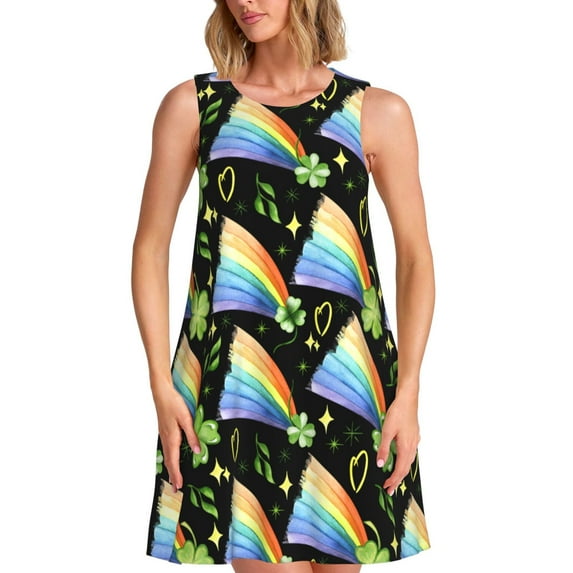 Honeii Watercolor St Patrick Day Print Women's Sleeveless Dress, Loose Fit Casual Dress for Women, Summer Fashion Dress