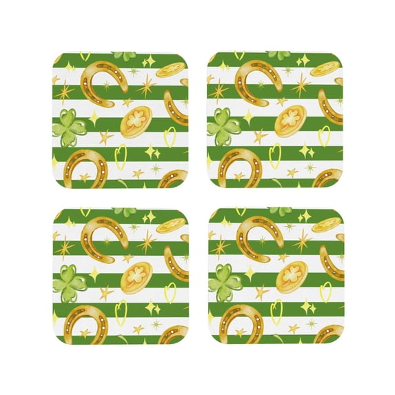 Honeii Watercolor St Patrick Day print Leather Coaster Set of 4, ideal for safeguarding your furniture from drinks spills and effortless cleanup-Square