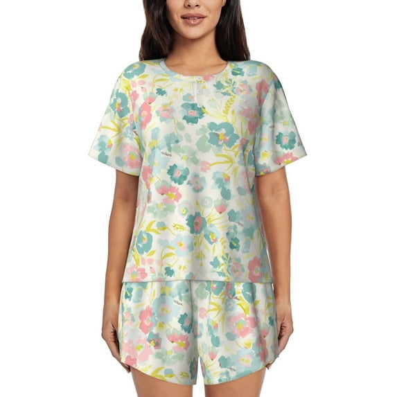 Honeii Watercolor Wildflowers for Women's Summer Pajama Set ,Soft Short Sleeve Shirt & Matching Bottoms,Loungewear,2PCS Sleepwear Relaxed Home Wear-Medium