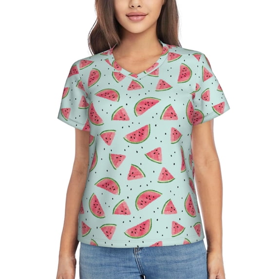 Honeii Watermelon Print Women's Classic V-Neck T-Shirt,Womens Fashion Tops,Stylish Everyday Top for Women, Casual Summer Spring Outfits Clothes-Medium
