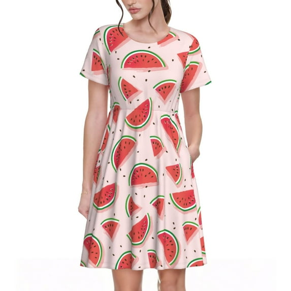 Honeii Watermelon Print Women’s Short Sleeve Dress, Comfortable Casual Dress, Soft Polyester Spandex Blend, Stylish Everyday Wear for Summer, Perfect for Travel and Vacation