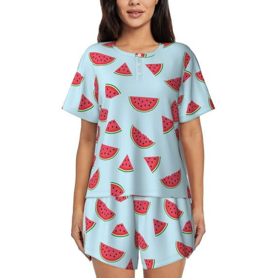 Honeii Watermelon for Women's Summer Pajama Set featuring Soft Short Sleeve Shirt & Matching Bottoms with Convenient Pockets for Relaxed Home Wear-