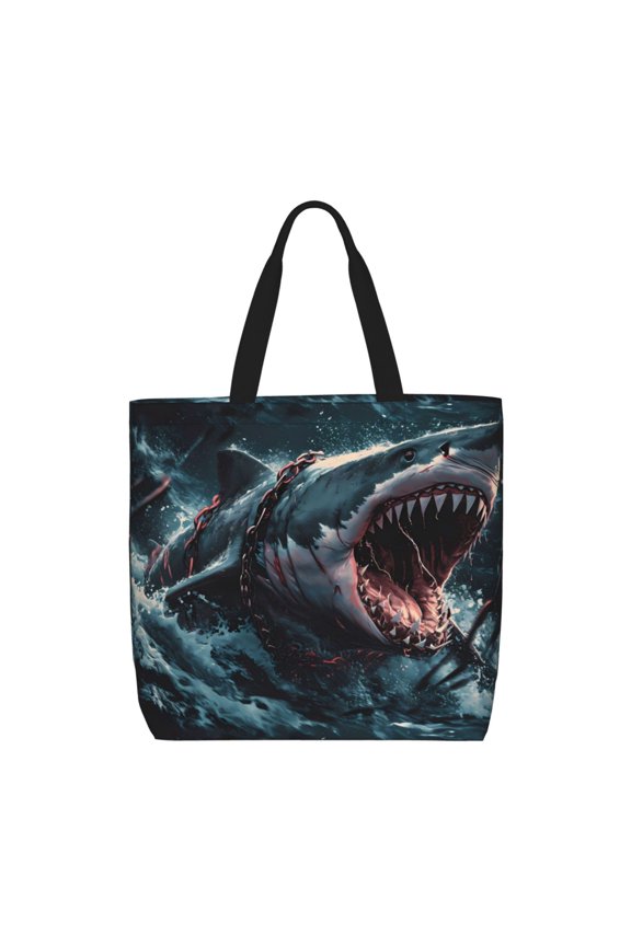 Wave Chain Shark Print Tote Bag, Reusable Grocery Shopping Bag,Shoulder Bag with Inner Pocket