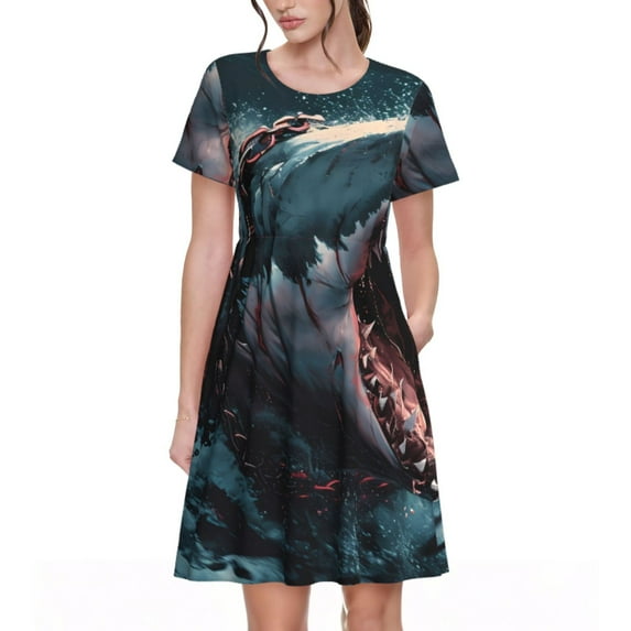 Honeii Wave Chain Shark Print Women’s Short Sleeve Dress, Comfortable Casual Dress, Soft Polyester Spandex Blend, Stylish Everyday Wear for Summer, Perfect for Travel and Vacation