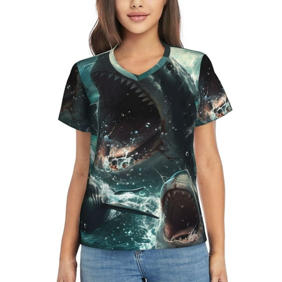 Honeii Wave Ocean Animal Shark Print Women's Classic V-Neck T-Shirt,Womens Fashion Tops,Stylish Everyday Top for Women, Casual Summer Spring Outfits Clothes-3X-Large