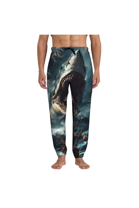 Wave Sailboat Shark Print Mens Jogger Sweatpants, Men's Lounge Pants with Pockets-3X-Large