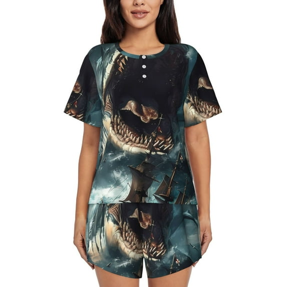 Honeii Wave Sailboat Shark for Women's Summer Pajama Set featuring Soft Short Sleeve Shirt & Matching Bottoms with Convenient Pockets for Relaxed Home Wear-3X-Large