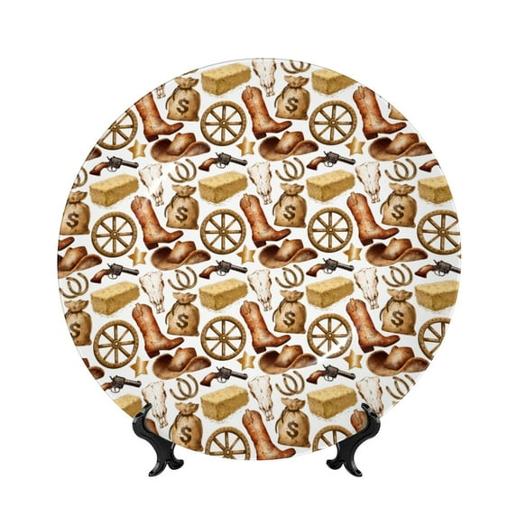 Honeii Western Cowboy Print Elegant Bone China Decorative Plate, Porcelain Plate,Art Crafts,Ceramic Ornaments for Home Office Wall Decor-6in