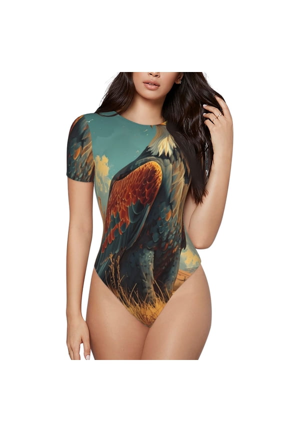 Western Desert Cactus Bald Eagle Print Women's Crew Neck Short Sleeve Bodysuit Fashion T-shirt Tops-Large