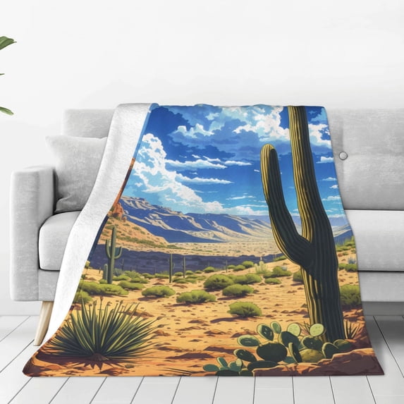 Honeii Western Desert Cactus Print Fleece Blanket - Throw Blanket for Bed, Sofa, Couch, Camping, and Travel , Microplush Ultra Soft Warm Blanket-80"x60"