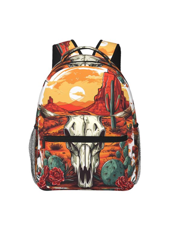 Western Desert Cactus Ram Skull Print Backpack for Both Men and Women, Basic Bookbag for College, Work, or Travel,Rucksack Computer Bag-One Size