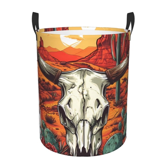 Honeii Western Desert Cactus Ram Skull Print Laundry Hamper Basket,Baby Nursery Woven Storage Basket for Toys Bin,Pillows,Blankets,Clothes-Small