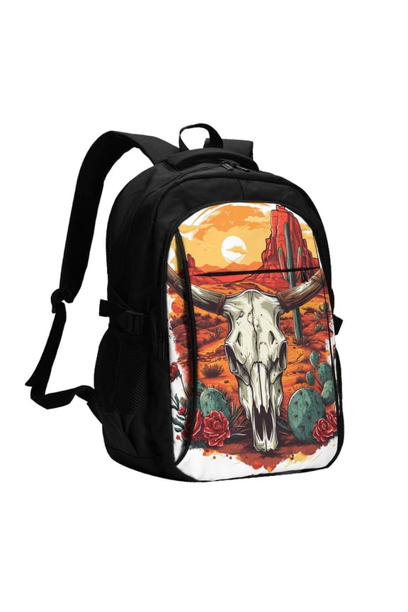 Western Desert Cactus Ram Skull for Travel Laptop Backpack, Business Laptops Backpack with USB Charging Port, College High School Computer Bag for Men Women