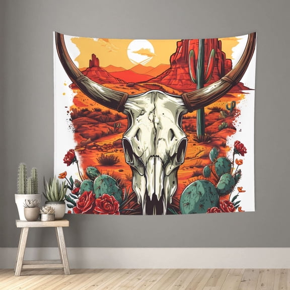 Honeii Western Desert Cactus Ram Skull print Tapestry for Bedroom, Tapestry Wall Tapestry Aesthetic, Room Decor Classroom Tapestries for Living Room Dorm Room 51" X 60"