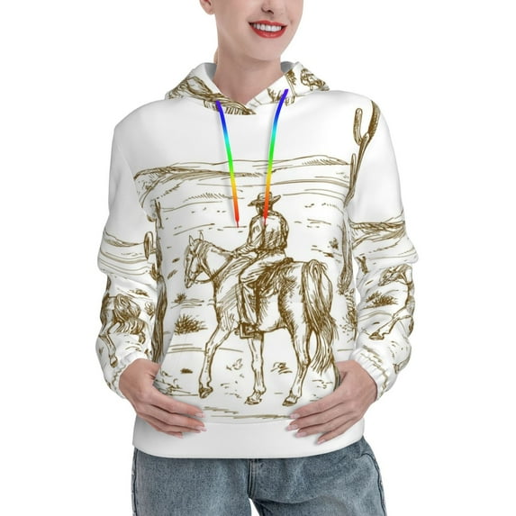 Honeii Western Desert Cowboys Pattern Womens Oversized Hoodies Long Sleeve Sweatshirts Pullover Fall Outfits with Pocket-XX-Large