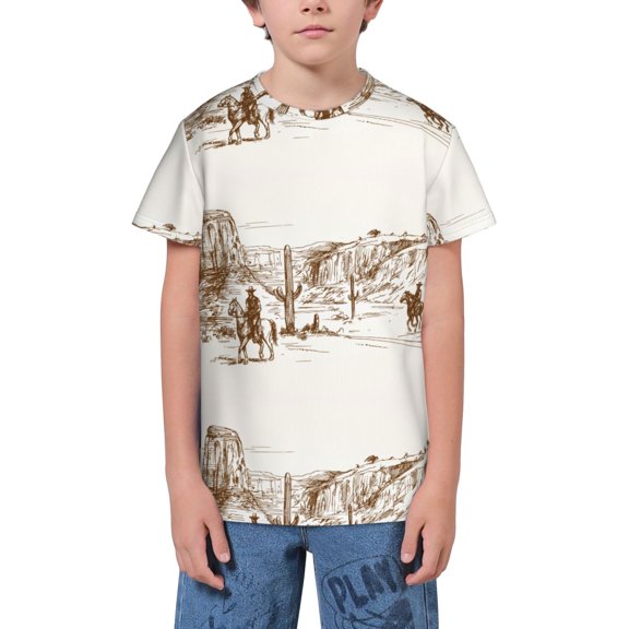 Honeii Western Desert Cowboys Print Youth Short Sleeve T-Shirt,Boys Athletic Shirt,Quick Dry Short Sleeve Performance Moisture Wicking T Shirt