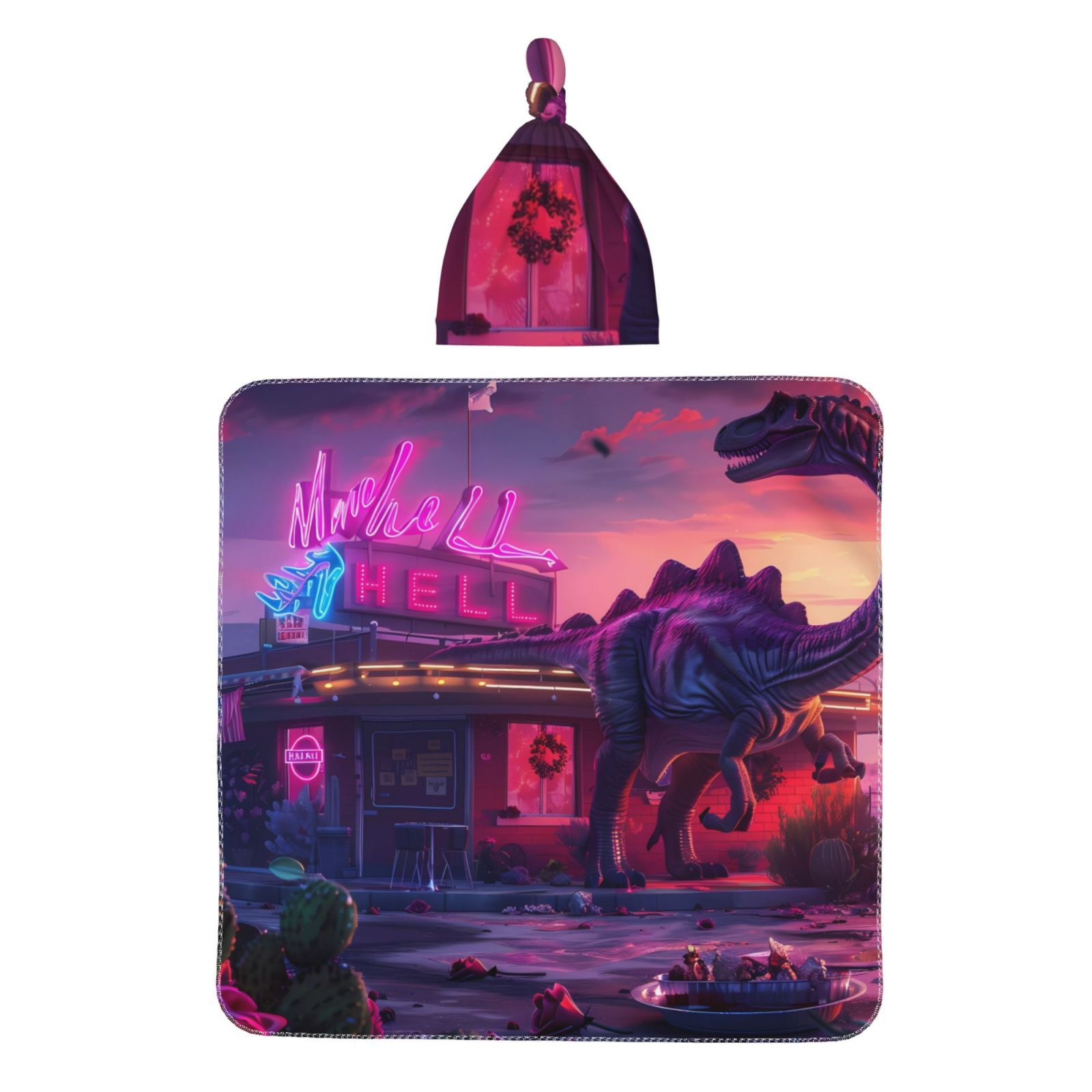 Honeii Western Style Dinosaur Print Swaddle Blanket and Hat Set Newborn