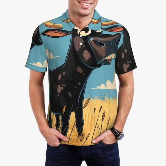 Honeii Whimsical Cartoon Cow Print Polo Shirt, A Classic Short-Sleeved, Button-Down Golf Shirt for Men,Mens Polo Shirts Short Sleeve-X-Large