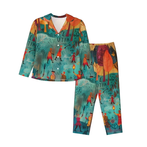 Honeii Whimsical Forest Scene Print Women's Pajama Sets Long Sleeve Button Down Sleepwear Nightwear Soft Pjs Lounge Sets 2PCS-Medium