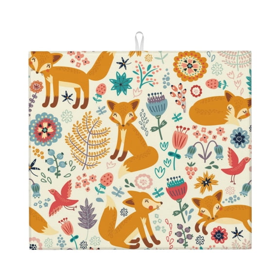 Honeii Whimsical Fox Floral Garden for Dish Drying Mat for Kitchen Counter, Non-slip Rubber Backed, Hide Stain Kitchen Super Absorbent Draining Mat, Dish Rack Pad