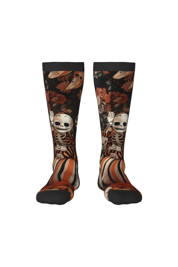 Whimsical Halloween Skeletons Print Long Socks,Novelty Design Socks Gift for Men and Women,Crew Socks,Calf Socks