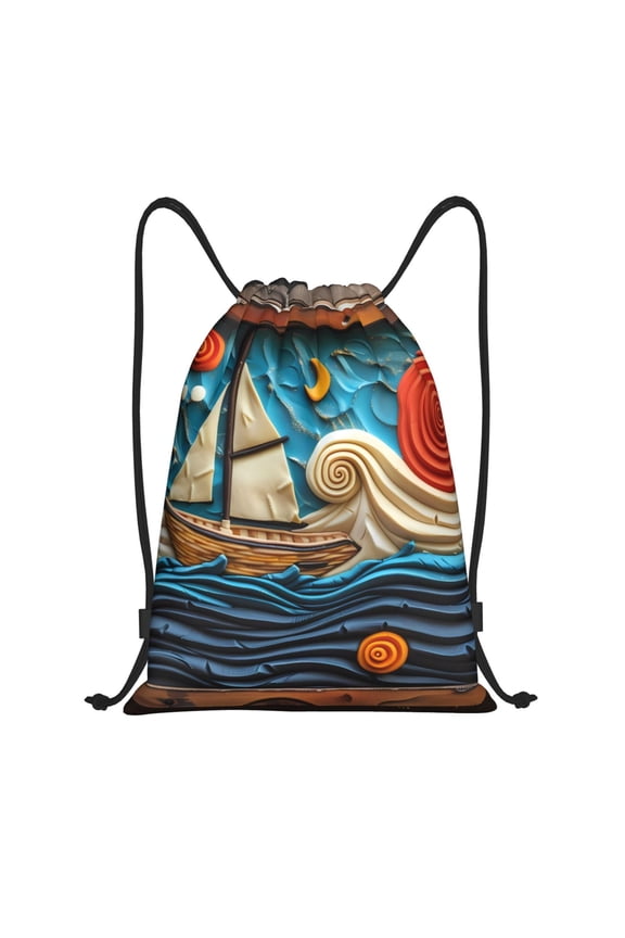 Whimsical Sailboat Ocean Art Print Drawstring Backpack,Drawstring Bags String Backpack Gym Cinch Sack Backpack Sport Bag Draw-Small