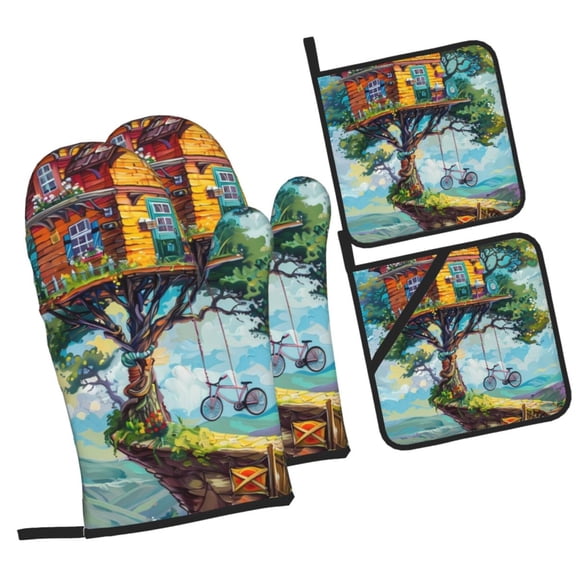 Honeii Whimsical Treehouse Painting Pattern Oven Mitts and Pot Holders, Silicone Oven Gloves,500 F Heat Resistant Oven Mitts Sets, 4PCS