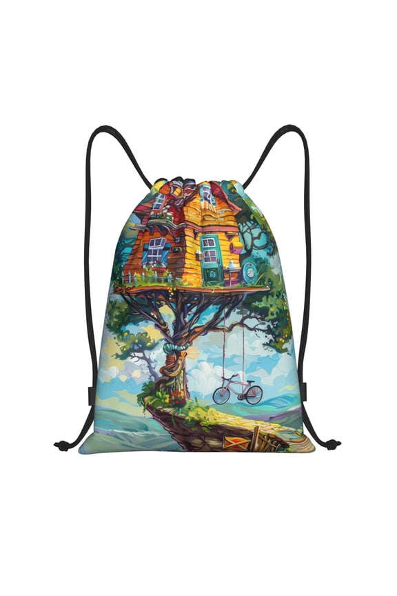 Whimsical Treehouse Painting Print Drawstring Backpack,Drawstring Bags String Backpack Gym Cinch Sack Backpack Sport Bag Draw-Small
