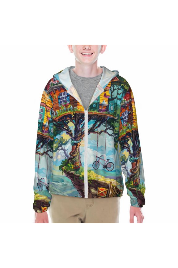 Whimsical Treehouse Painting Print Sun Protection Jacket Hooded Cooling Shirt with Pockets Hiking Outdoor Performance-Large