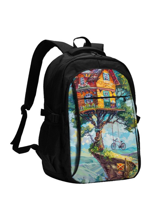 Whimsical Treehouse Painting for Travel Laptop Backpack, Business Laptops Backpack with USB Charging Port, College High School Computer Bag for Men Women