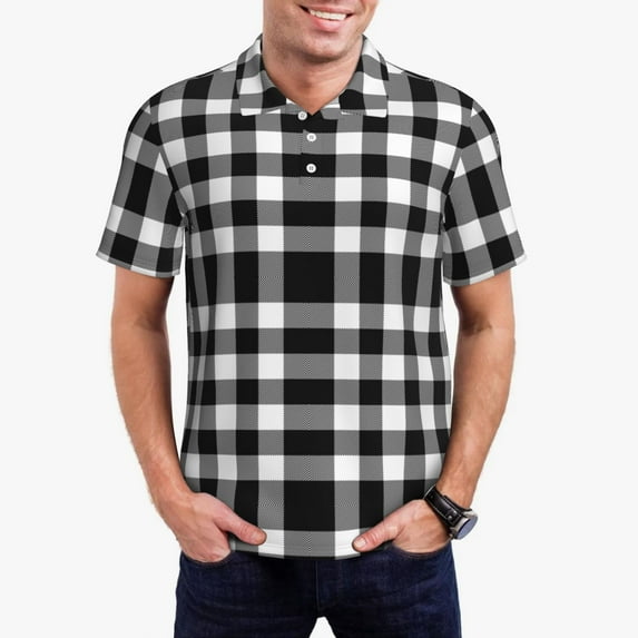 Honeii White And Black Plaid print Polo Shirt, a classic short-sleeved, button-down golf shirt designed for menXX-Large