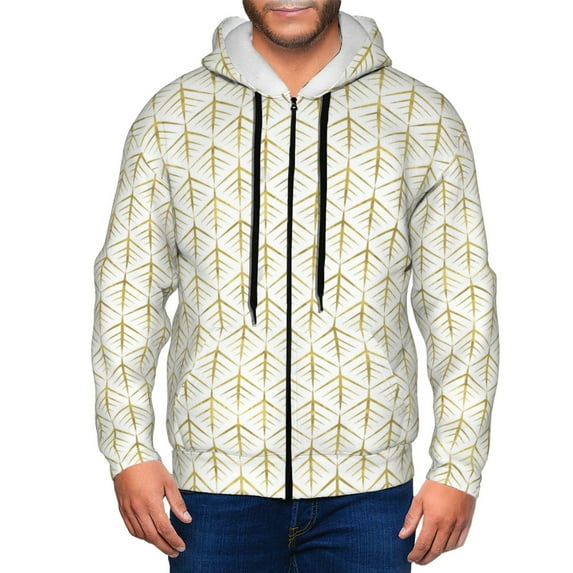 Honeii White And Gold Geometry Print Hoodies for Men, Pullover & Full Zip, Breathable Zip up Hoodie, Sweatshirt-Small