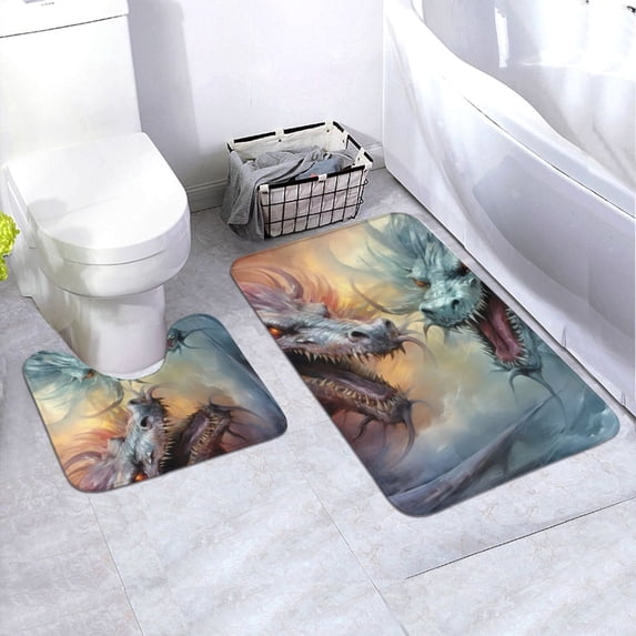 Honeii White And Red Storm Dragon Pattern Bathroom Anti-Skid Pad Bathroom Mat Vintage Seamless Pattern Not-Slip Toilet Rug Set