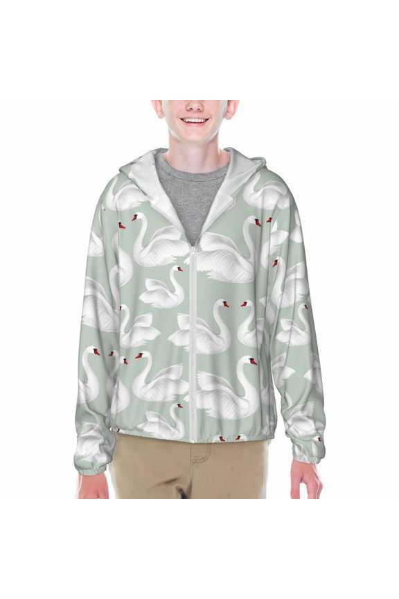 White Birds Print Sun Protection Jacket Hooded Cooling Shirt with Pockets Hiking Outdoor Performance-XX-Large