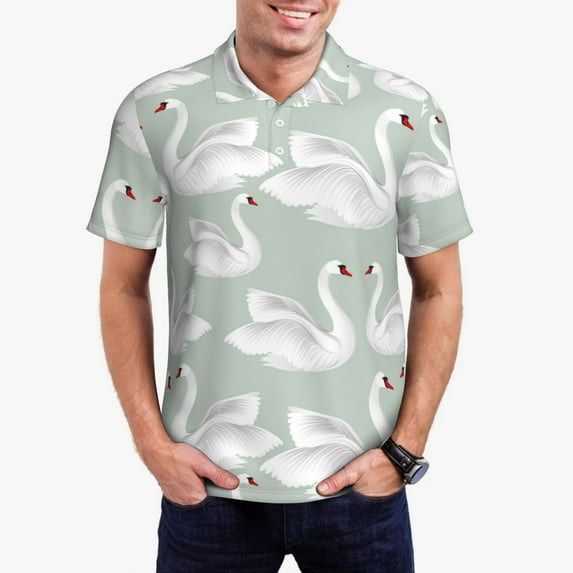 Honeii White Birds print Polo Shirt, a classic short-sleeved, button-down golf shirt designed for menSmall
